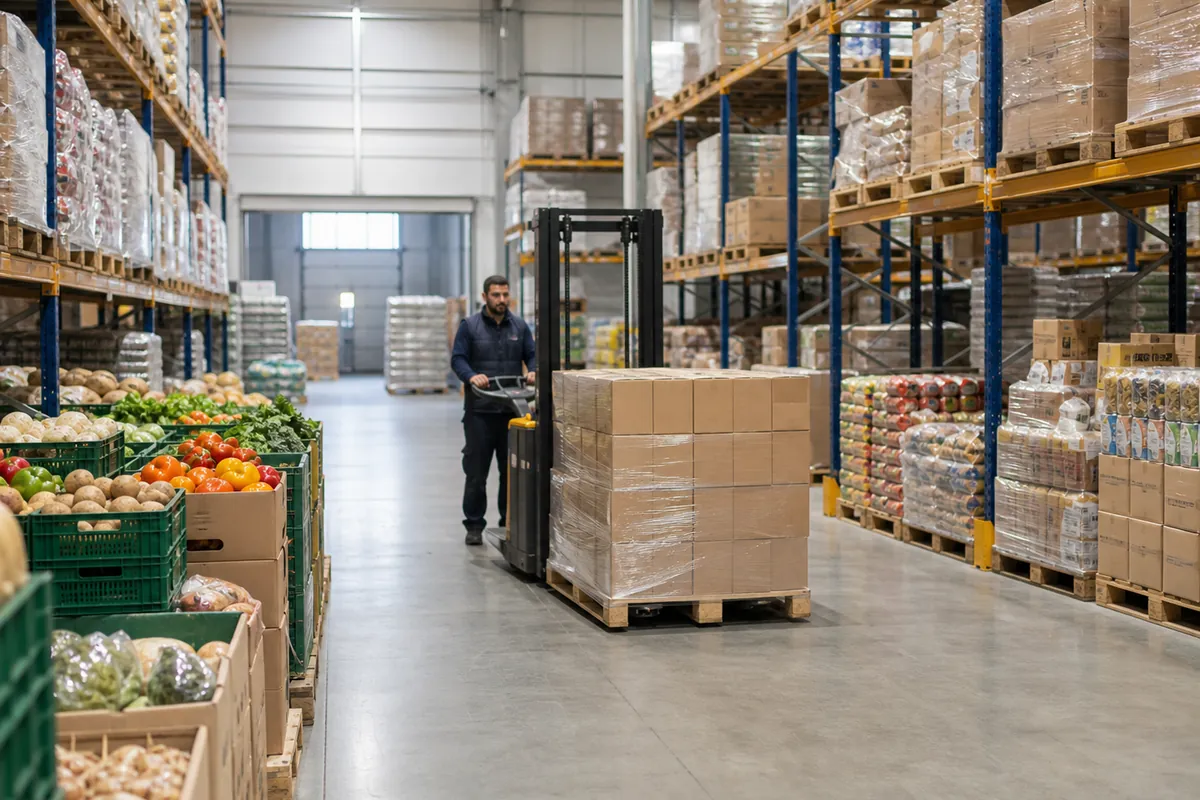 نقل منصات المواد الغذائية داخل مستودع توزيع منظم